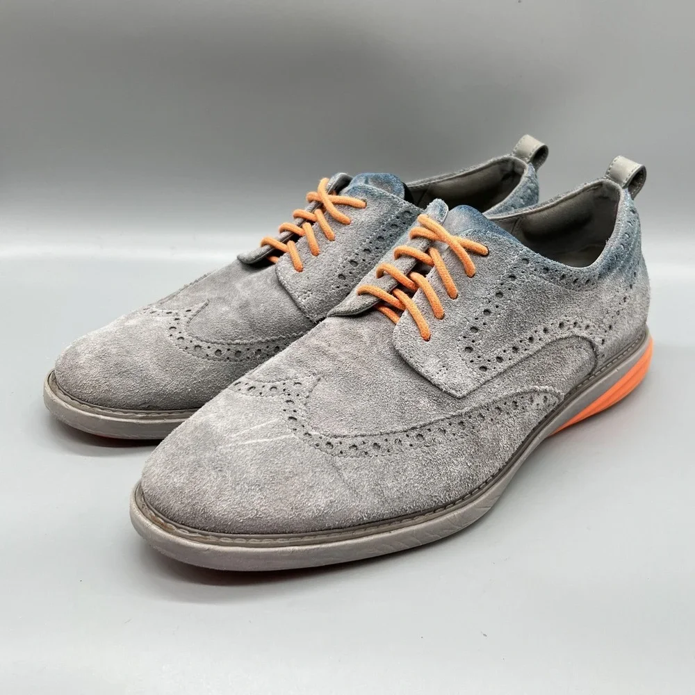 Cole Haan Shoes Men 10 Gray Blue Ombre Suede GrandEvolution Wingtip Oxford